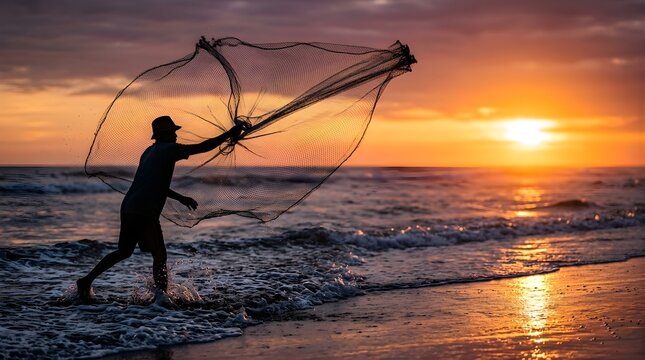 Silhouette of a fisherman throwing a cast net at sunset on the ocean