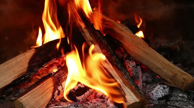 Close-up of burning firewood with glowing coals in a brick fireplace, logs leaning vertically at an angle