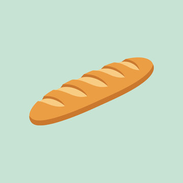 A fresh golden baguette bread loaf on a green background