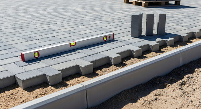 Leveling tool on grey interlocking paving stones under construction, fresh sand base visible, suitable for construction industry, landscaping projects and home improvement blogs