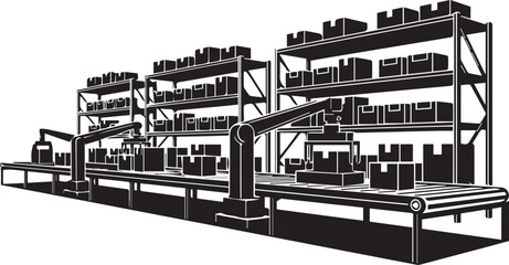 Fototapeta premium Industrial conveyor belt system with shelving units and machinery isolated on transparent background