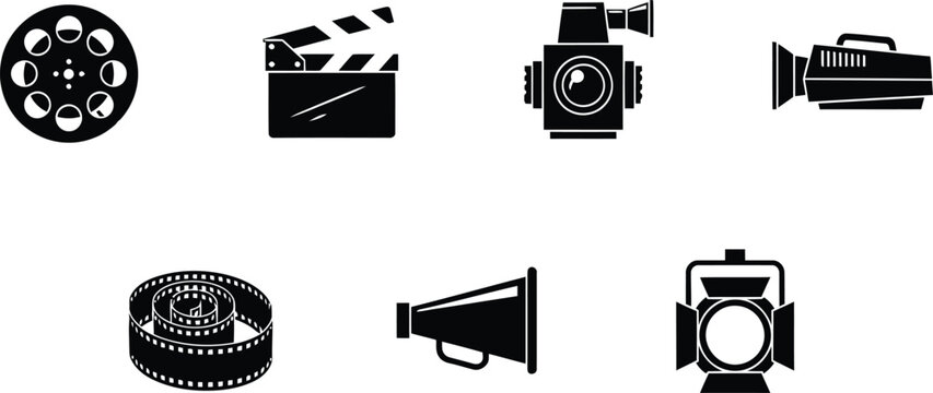 Collection of film and photography equipment icons on white background