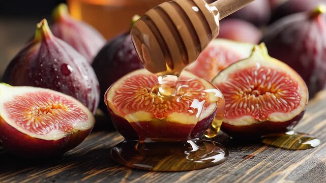 Fresh ripe figs drizzled with sweet golden honey close up