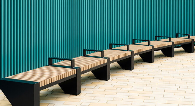 Modern benches with teal ribbed wall background, minimalist design and light wood surfaces, perfect for urban design, architectural projects and public space concepts