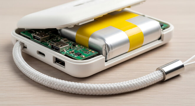 Open power bank showing circuit board and silver battery with yellow band, studio shot, concept for portable charging, electronics repair and gadget design