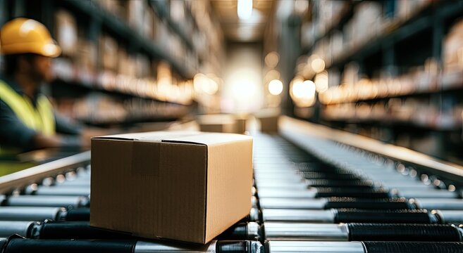 Cardboard Box on a Conveyor Belt in a Warehouse.