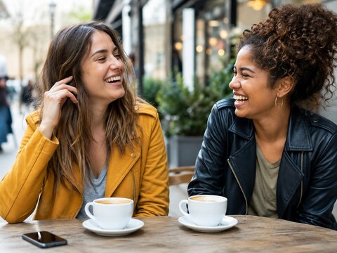 friends, friendship, women, female friends, laughing, happiness, coffee, cafe, outdoor cafe, lifestyle, young women, diversity, conversation, socializing, smiling, casual, friendship concept, urban li