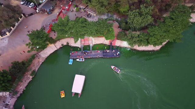 Aerial shot of Boat Riding at Durgam Cheruvu at Hyderabad, India