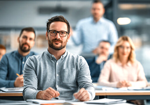 Business trainer teaching a group of employees during a workplace seminar in a contemporary office setting, male and female professionals seated at desks while actively listening and taking notes.