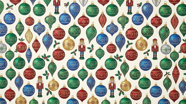 Seamless christmas pattern featuring colorful glass baubles and vintage nutcracker soldiers.