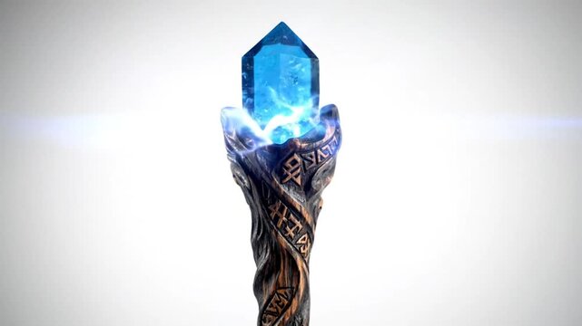Mystical fantasy staff with blue crystal and swirling energy on white background with vignette