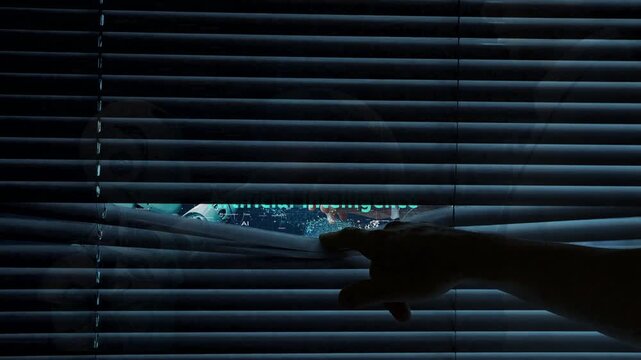 Humans in the new AI technology world. A person is peaking through the window blinds to discover the AI robots have taken over.