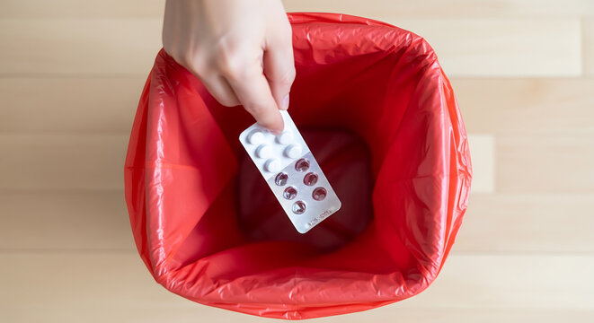 Top view of hand dropping a blister pack of pills into a red trash bin, concept for medication disposal, waste management and healthcare information