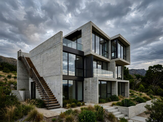 Fototapeta premium Modern concrete house with large windows and staircase on hillside with cloudy sky