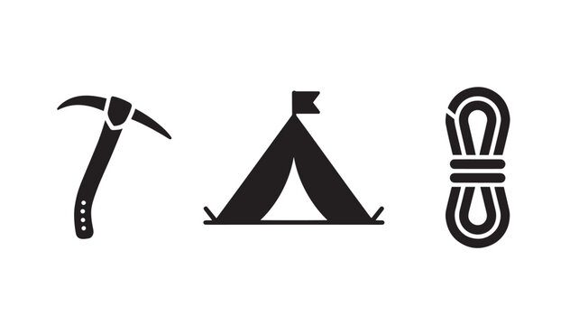 Ice axe, camping tent, and climbing rope represent fundamental equipment used by outdoor enthusiasts for mountaineering and wilderness exploration.
