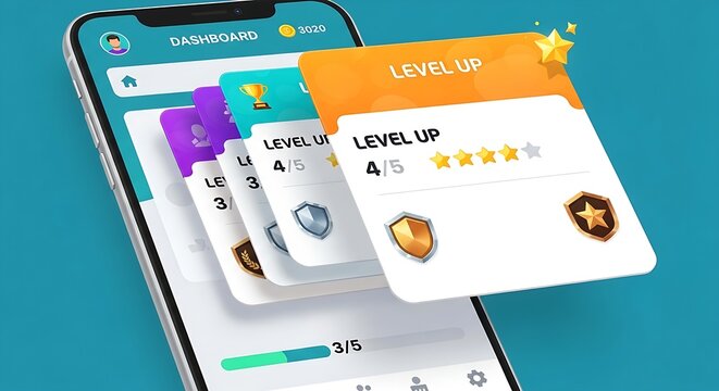 Mobile app level up achievement notification display.