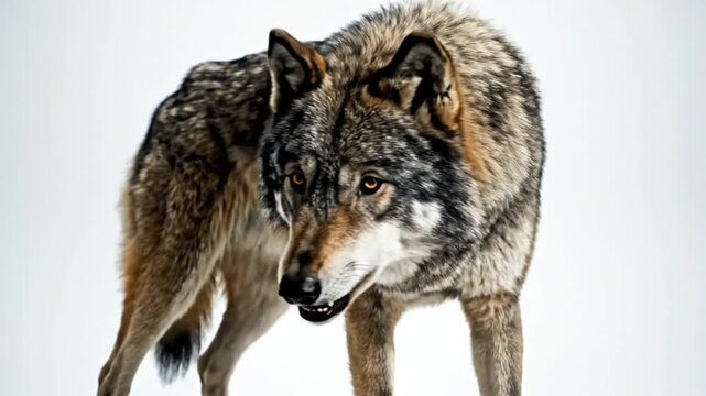 Majestic timber wolf standing with piercing gaze in neutral studio setting against a white backdrop.