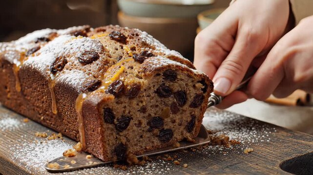 Freshly baked fruitcake sprinkled with powdered sugar and spices