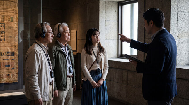 Museum guide explains exhibit to visitors wearing audio headsets in stone gallery interior cultural tourism education heritage learning group tour curated experience meaningful travel moment