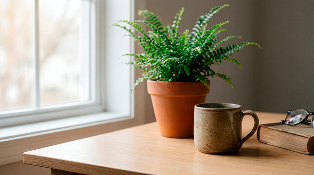 Ceramic mug and fern plant arranged on wooden workspace desk in soft morning window light