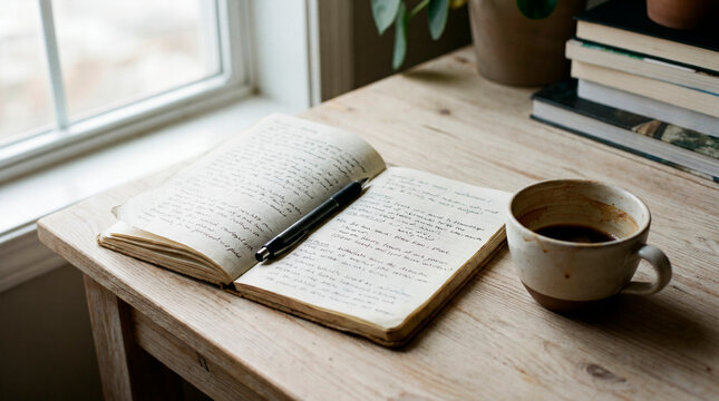 Rustic wooden workspace with open journal pen and ceramic coffee cup in morning light