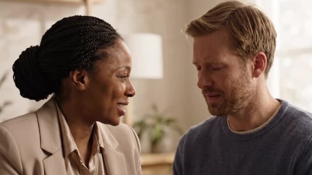 Close-up of a professional psychotherapist actively listening and showing empathy during a counseling session, patient expressing vulnerable emotions, warm minimalist office interior