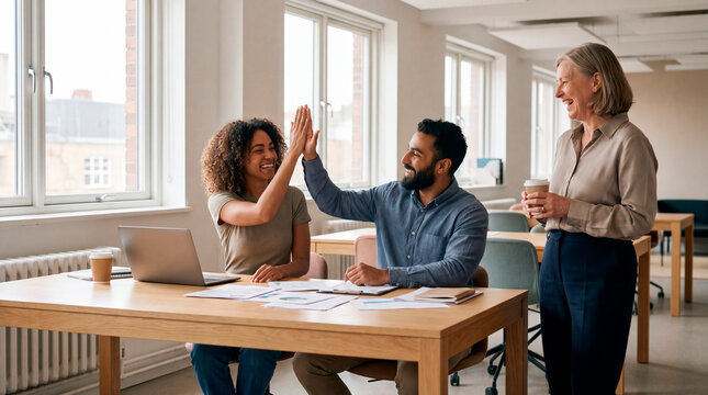 Diverse team celebrating work achievement with high five in bright modern office space