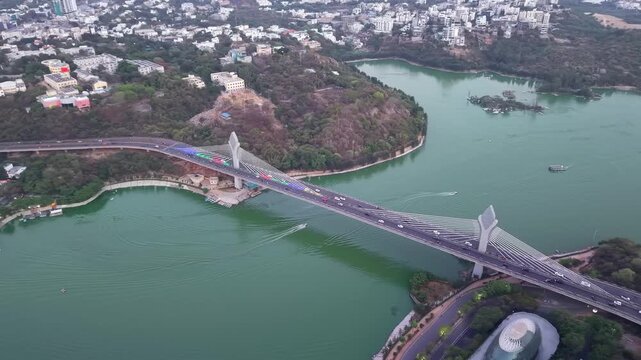 Aerial shot of traffic at Durgam Cheruvu Bridge at Hyderabad, India