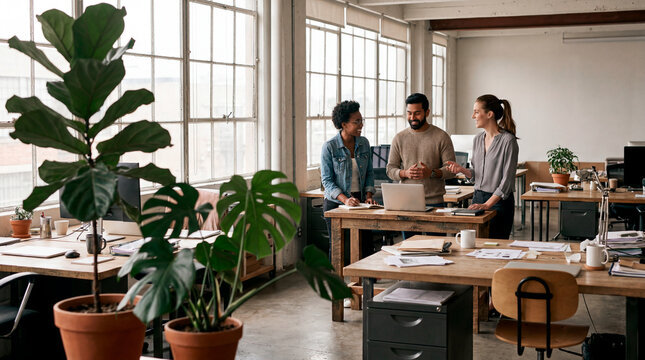 Engaged diverse team collaborating in spacious industrial loft office with lush plants
