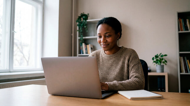 Focused Black professional woman working attentively on laptop at home desk and study