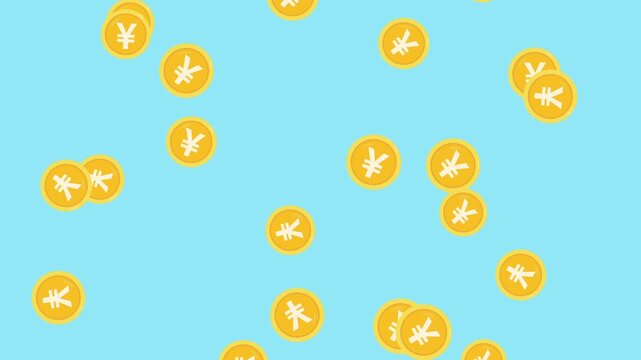 golden japanese yen coin floating on blue business background