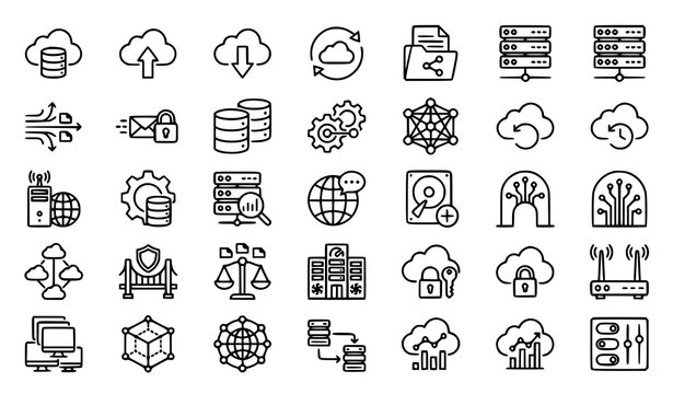 Cloud computing and data management linear icons set