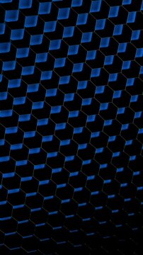 Blue hexagonal grid slow rotation. Close-up of black 3D honeycomb pattern with glowing blue edges. Smooth continuous rotation reveals depth and shifting light across the volumetric structure.