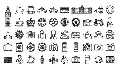 Fototapeta premium Black line icons of uk travel and tourism