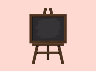 Blank chalkboard on an easel stands quietly against a pale backdrop © harmoni