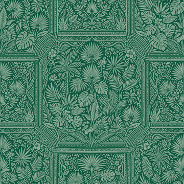 Seamless green tropical wallpaper pattern with palm leaves