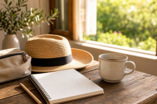 Slow travel planning still life by sunny guesthouse window
