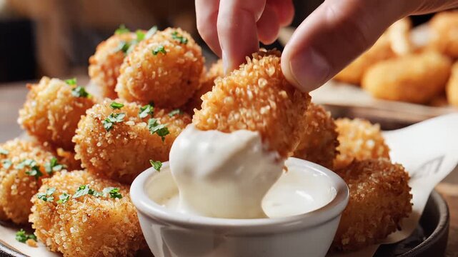 Golden brown crispy fried food item being dipped into creamy white sauce with green herb garnish close up shot
