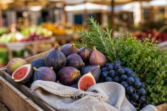 Fresh figs and grapes at Mediterranean market with herbs