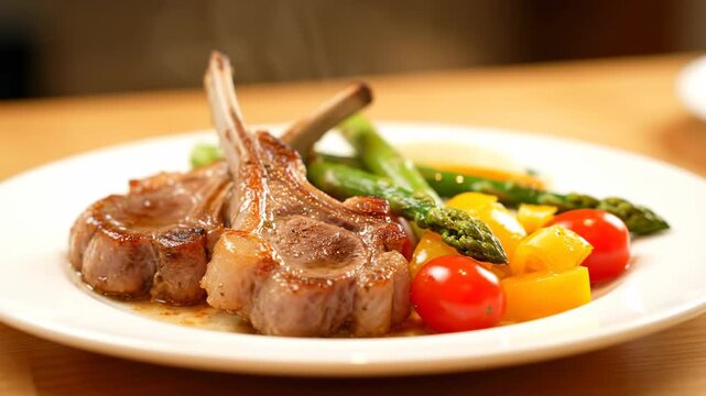 Plate of grilled lamb chops with vegetables, presented on a white plate