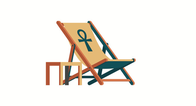 Colorful deck chair with ankh symbol design.