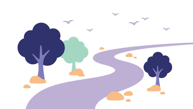 Minimalist flat vector illustration of winding river path with trees rocks and birds in the sky