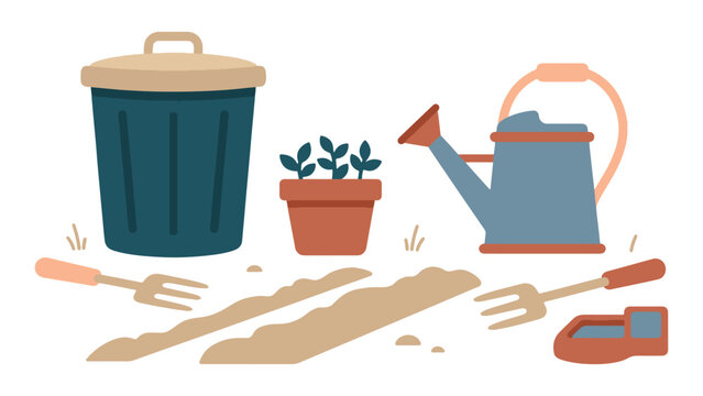 Sustainable gardening tools set with watering can compost bin potted seedling and hand forks