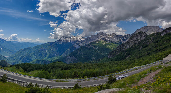 Panoramic Mountain Road Curve in Albania
