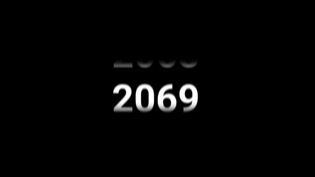 4K Seamless Looping Year Scrolling Timeline Animation 2050 to 2070 on Black Background for Future Forecasts and Technology Videos