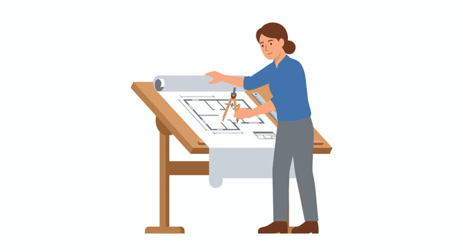 Architect working on blueprints at drafting table.