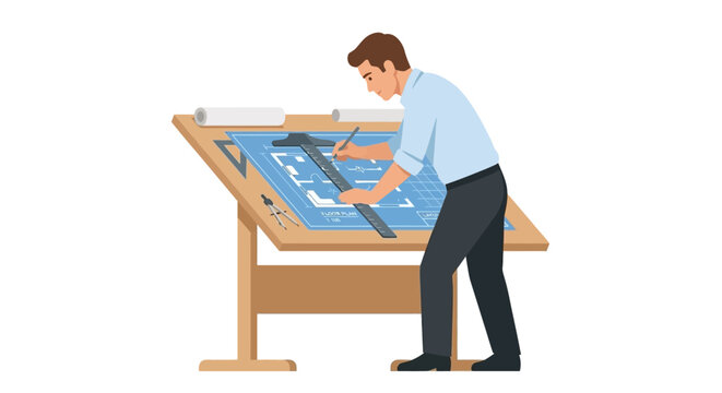 Architect working on blueprints at drafting table.