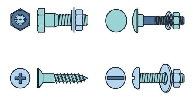 Set of vector illustrations of metal screws and bolts