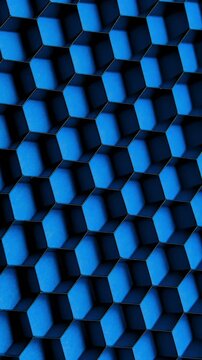 Blue hexagonal grid slow rotation. Close-up of black 3D honeycomb pattern with glowing blue edges. Smooth continuous rotation reveals depth and shifting light across the volumetric structure.
