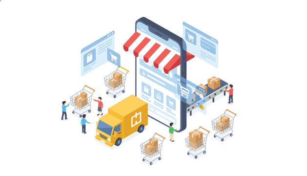 Digital commerce and logistics delivery process featuring isometric shopping app interface with warehouse packages and shipping truck operations.